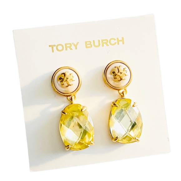 NWT Tory Burch Gold Faux Pearl Epoxy Crystal Drop Earrings w/Dust Bag - Picture 3 of 5